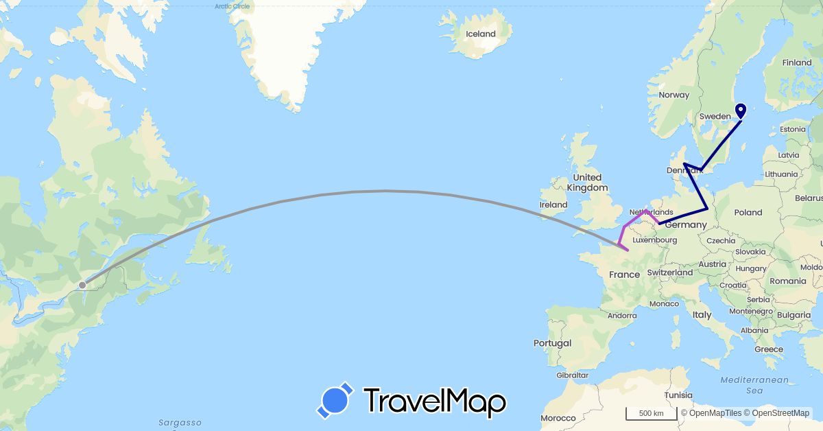 TravelMap itinerary: driving, plane, train in Canada, Germany, Denmark, France, Netherlands, Sweden (Europe, North America)